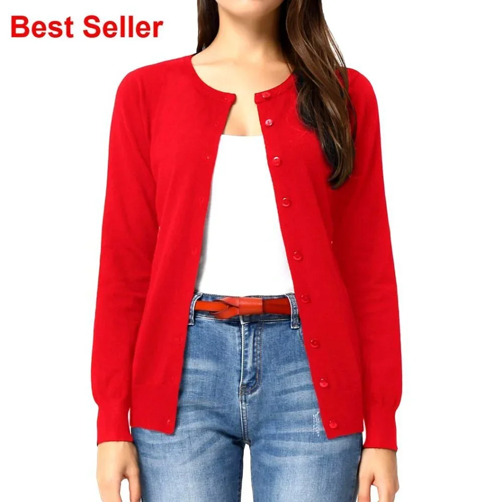 Long Sleeve Button Down Cardigan, Stretchy Knit, Office Essential, S-2XL